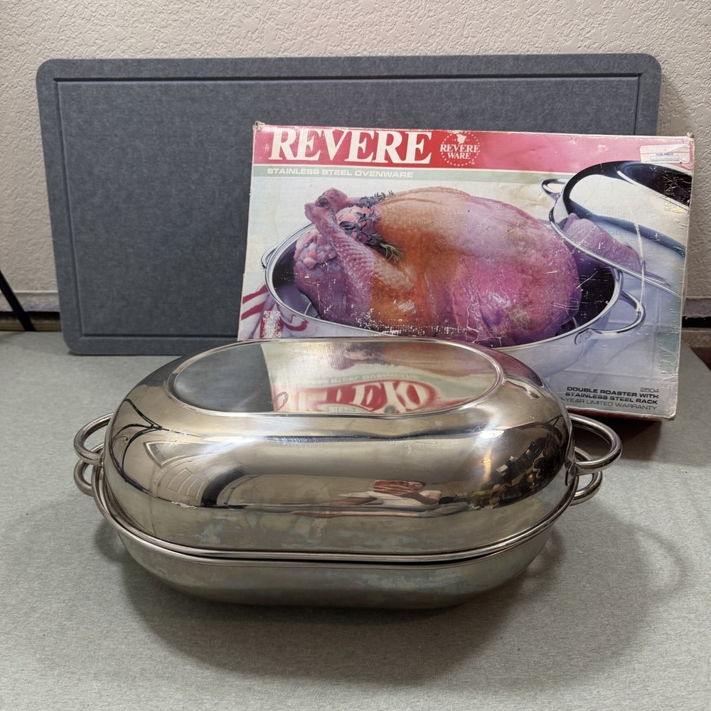 Revere Ware Roasting Pan 2504 Silver Vintage 80s Stainless Steel Domed Double